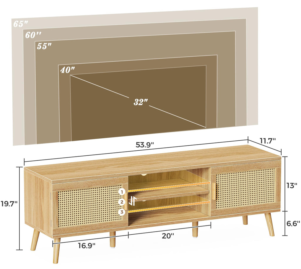 65 Inch Rattan TV Stand with Adjustable Shelf and 2 Cabinets U641319