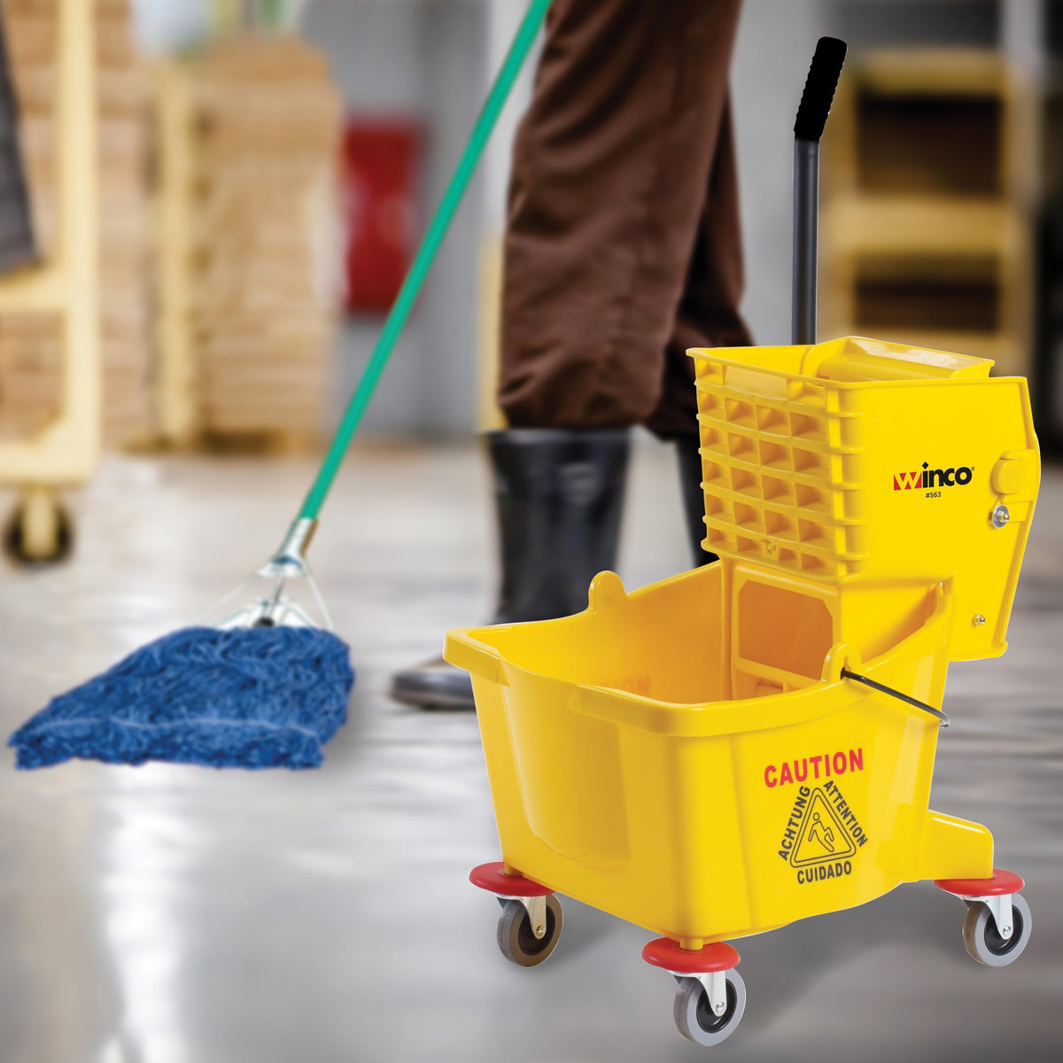 26 qt Yellow Plastic Mop Bucket on Wheels L2857