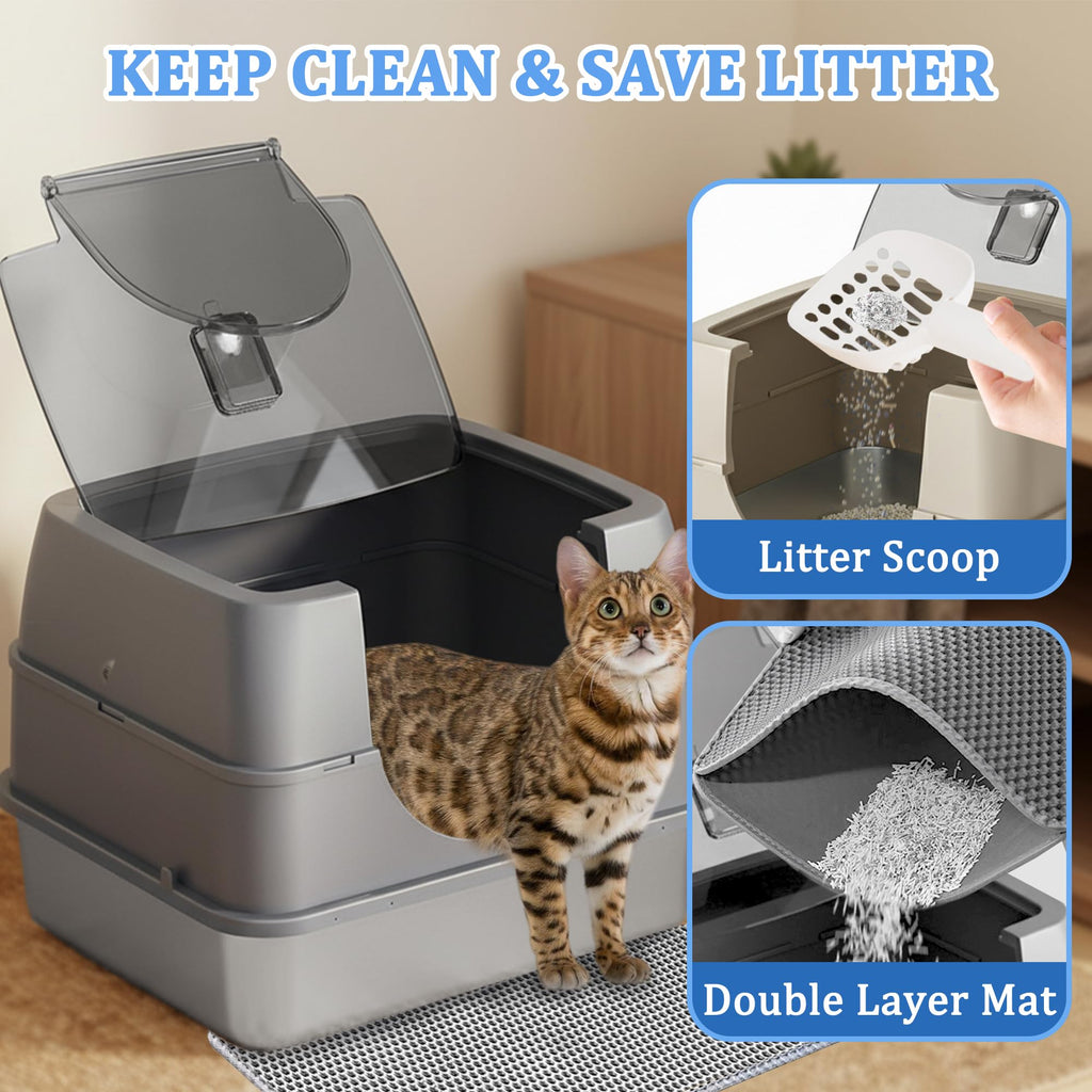 Stainless Steel Enclosed Cat Litter Box with Scoop & Mat M116443