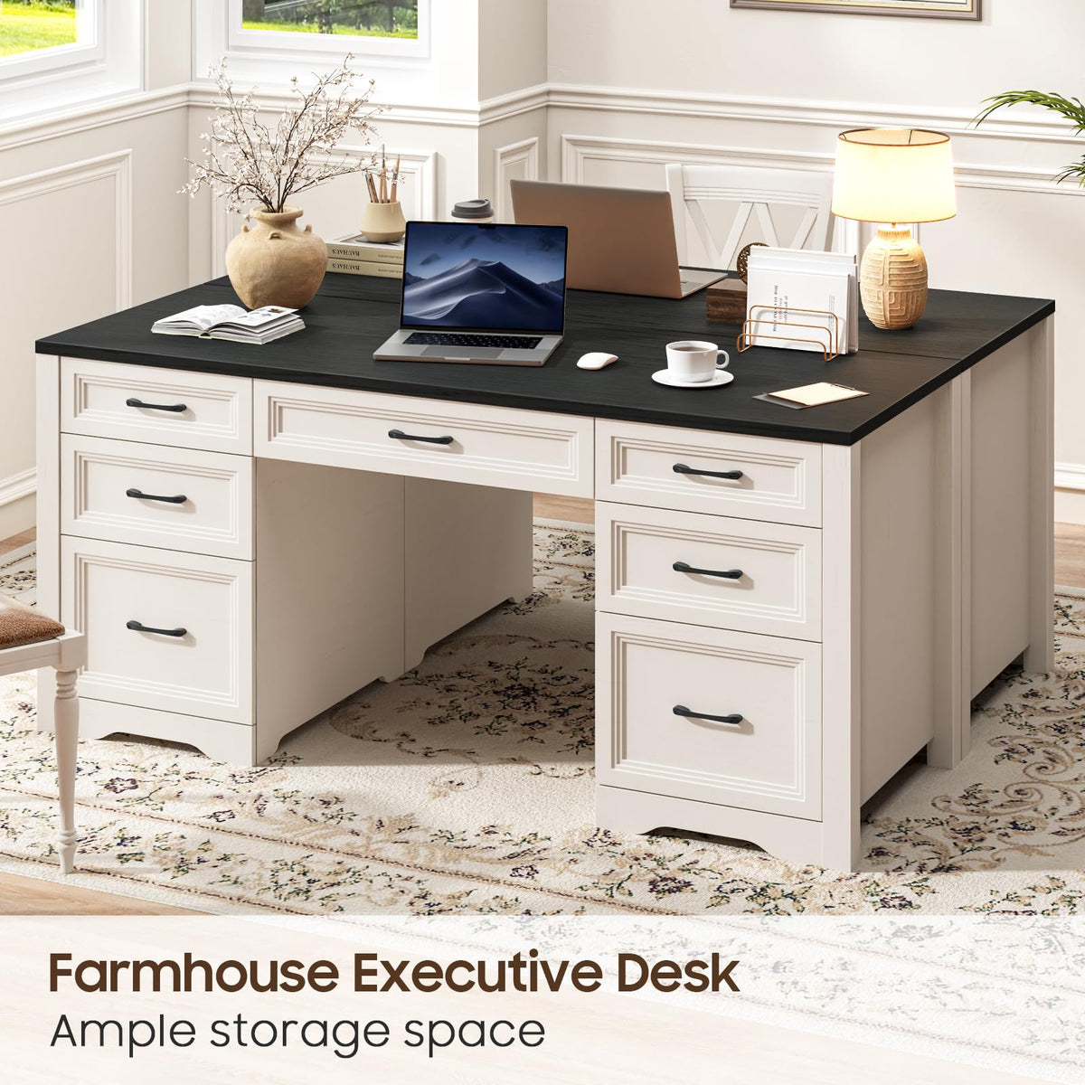 Black Wood Executive Desk with 2 File Drawers and 5 Storage Cabinets K48336