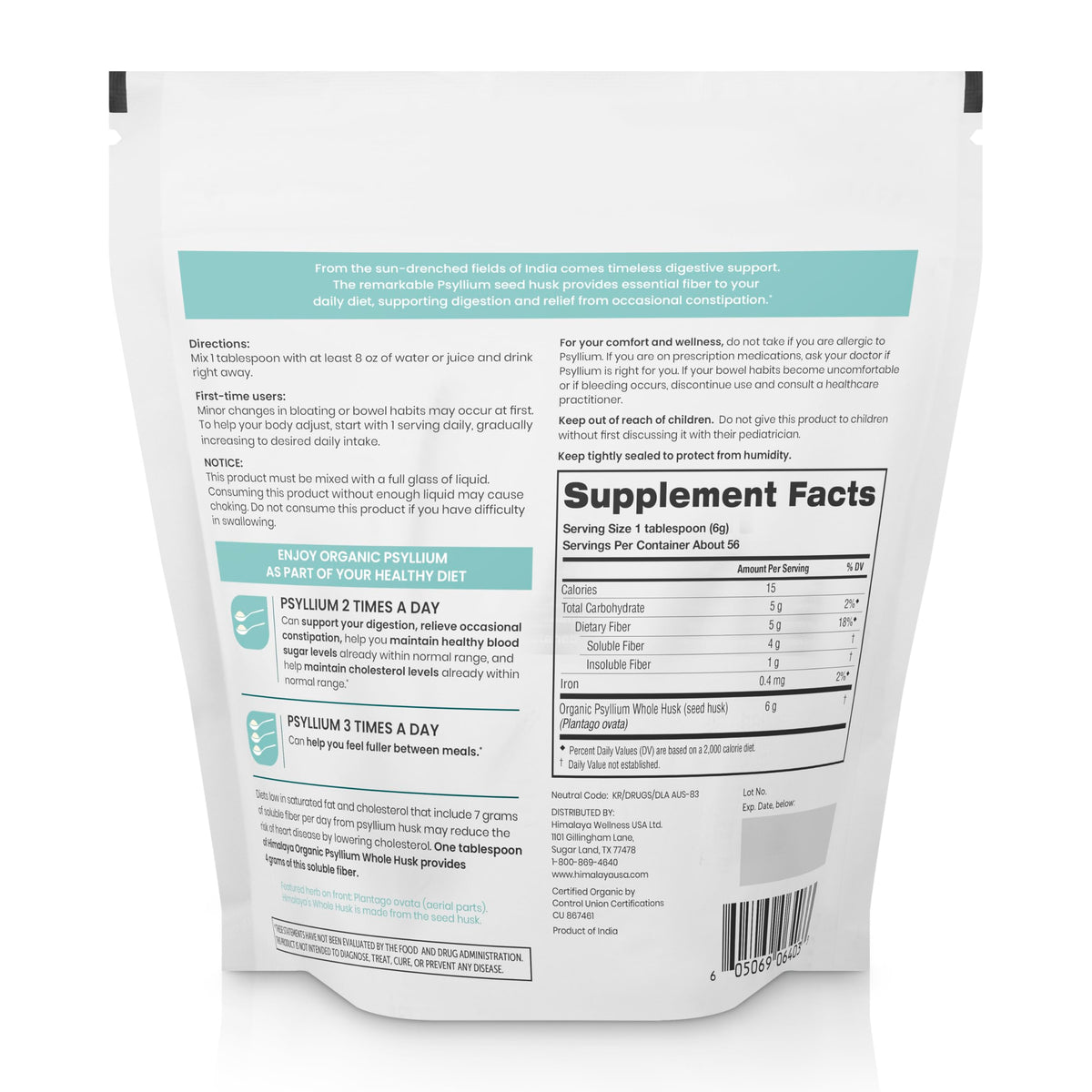 Organic Psyllium Whole Husk Fiber Supplement, Unflavored, 12 oz D9520