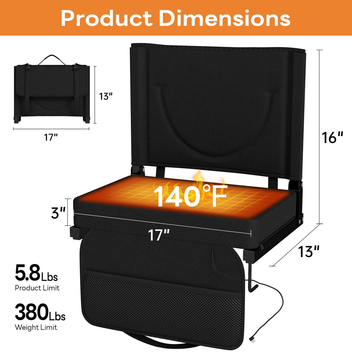 Black Heated Folding Stadium Seat S985