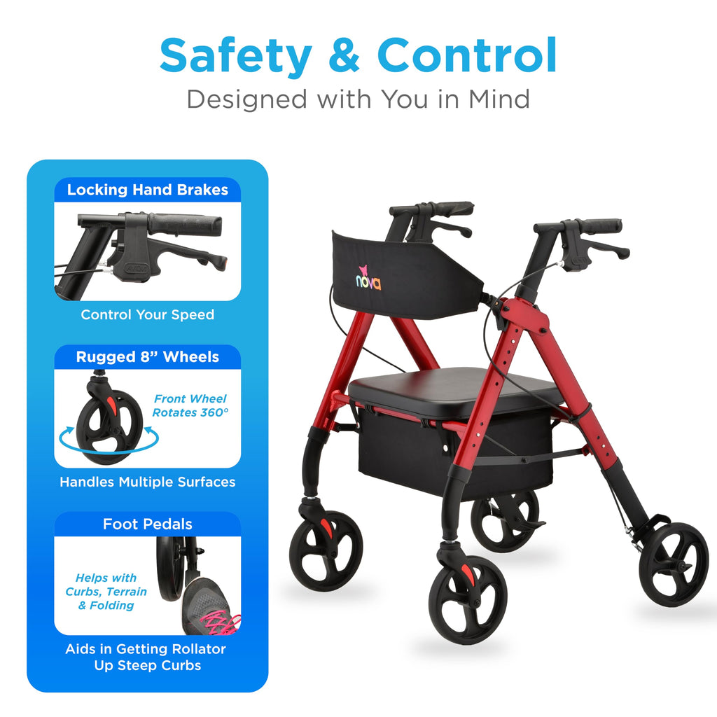 Foldable Rollator Walker with Seat, 400 lb Weight Capacity, 8” All-Terrain Wheels, Red C211127