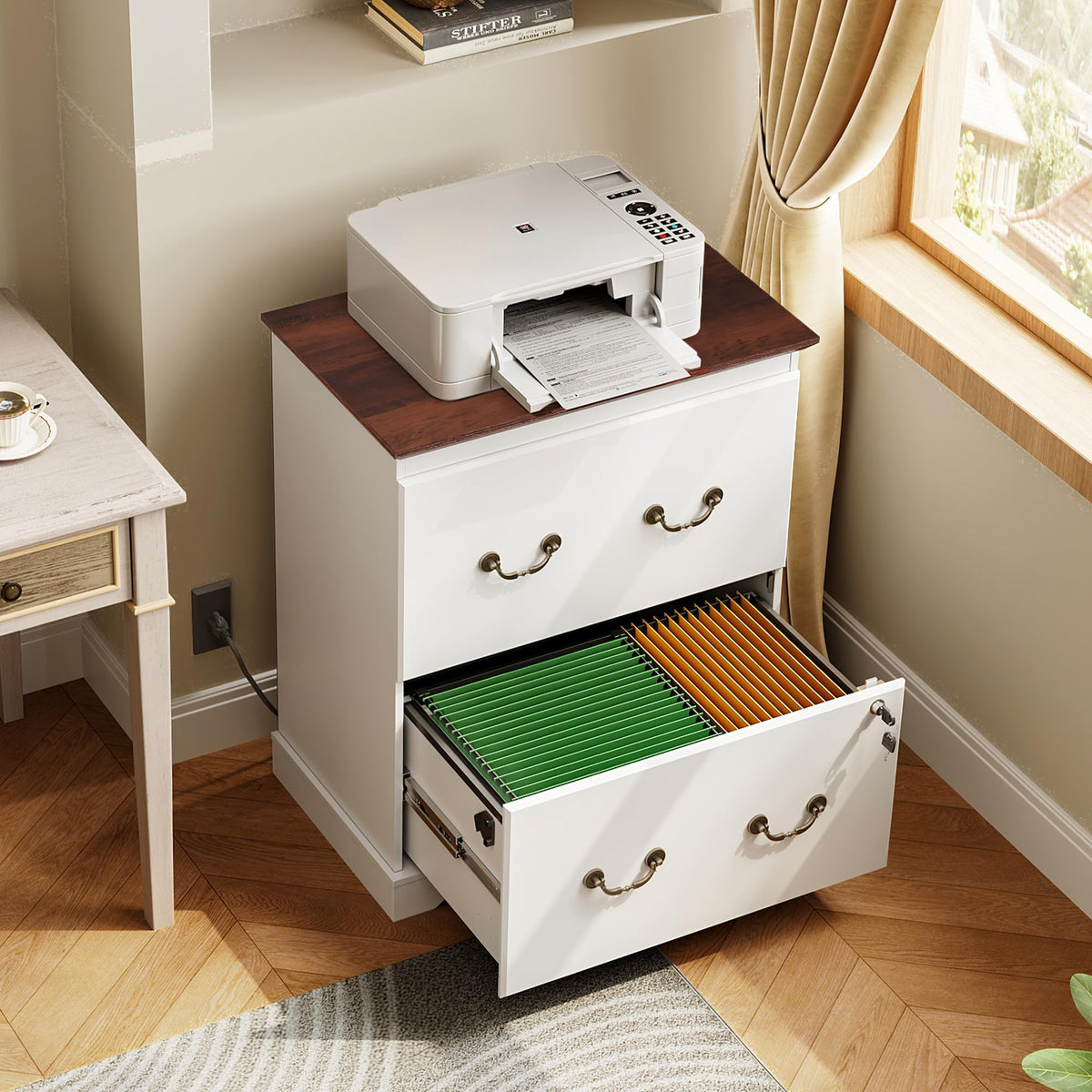 White 2 Drawer Wood File Cabinet with Charging Station and Lock O60299