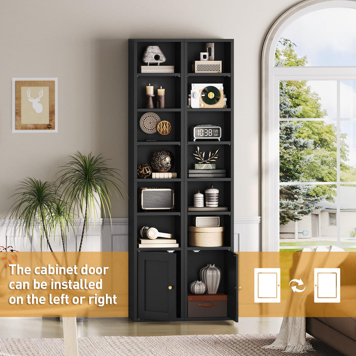 7-Tier Narrow Bookshelf with Door and Storage Cabinet, Black A32331