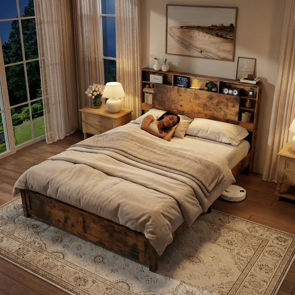 Full Size Storage Headboard Charging Station LED Platform Bed Frame G7578