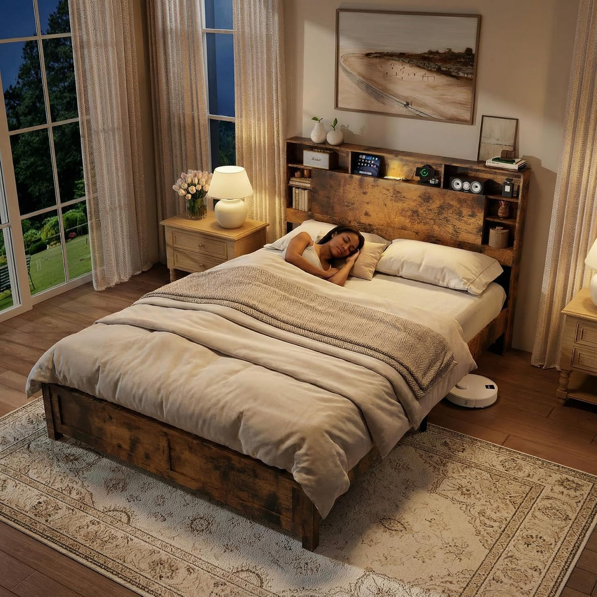 Full Size Storage Headboard Charging Station LED Platform Bed Frame G7578