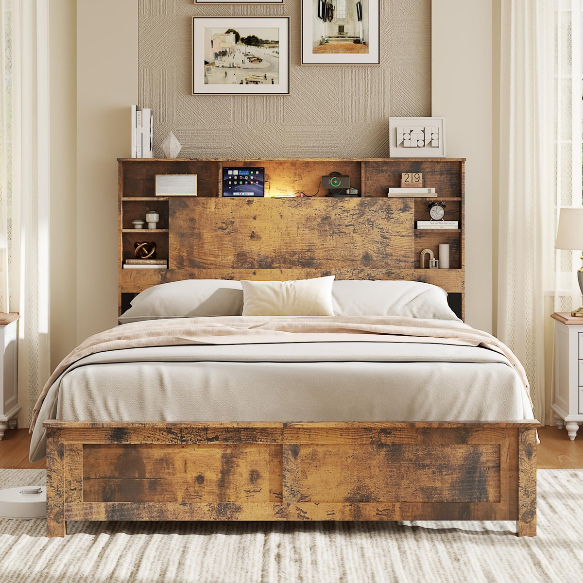 Full Size Storage Headboard Charging Station LED Platform Bed Frame G7578