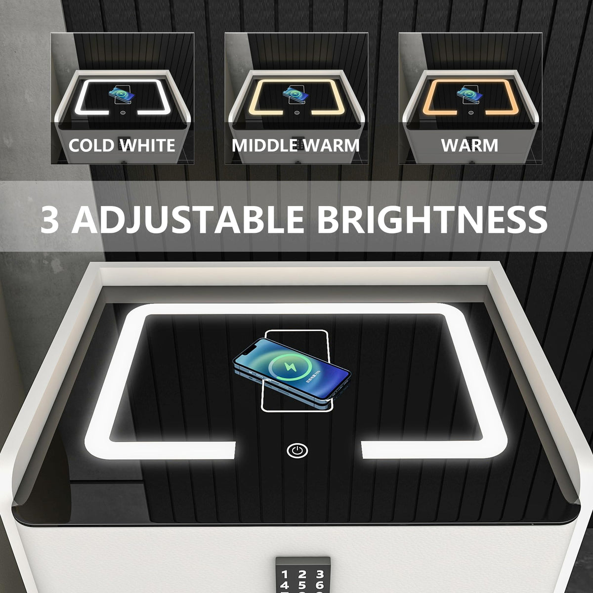 White Nightstand with Charging Station and LED Lights H586