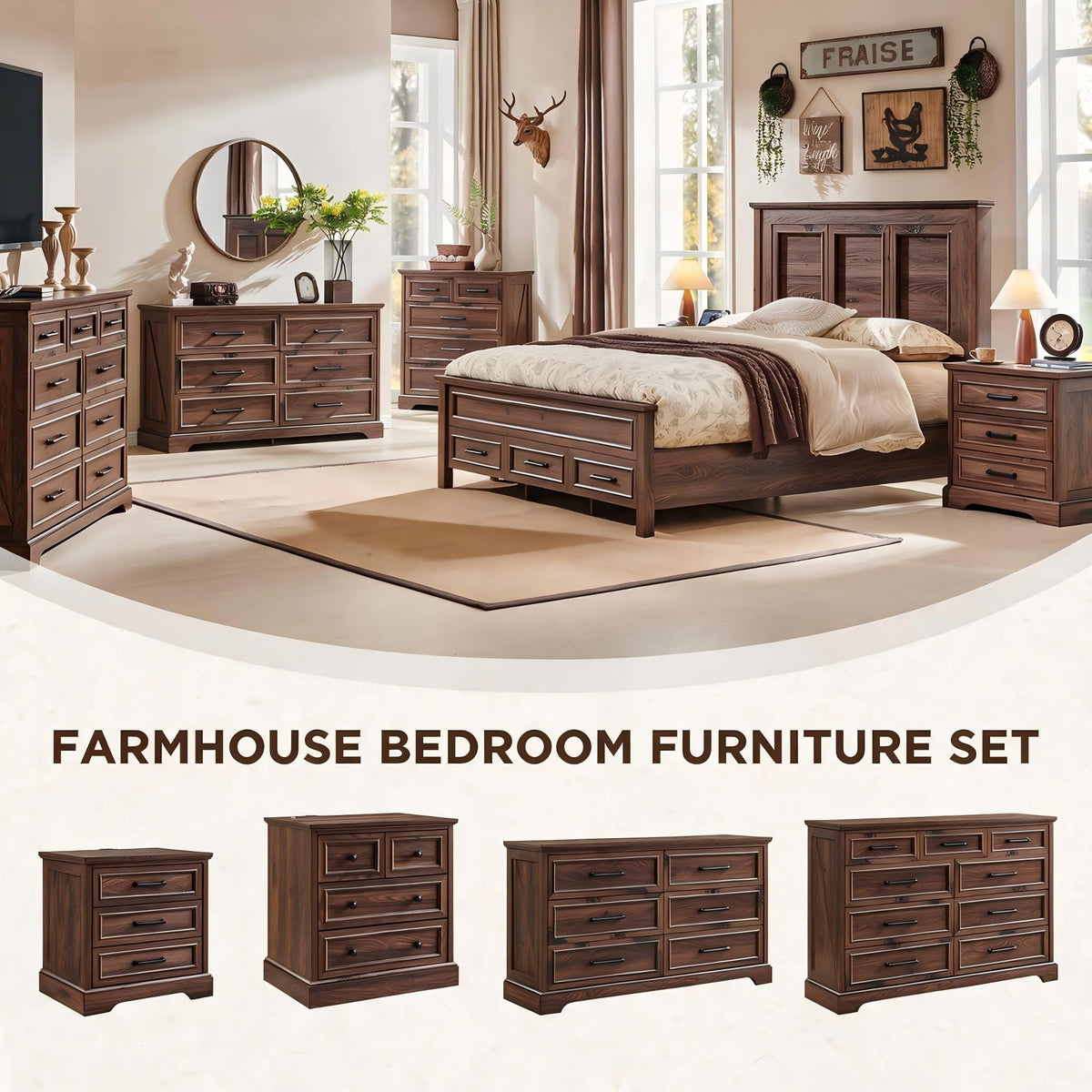 22" Brown Nightstands Set of 2 with 3 Drawers B411