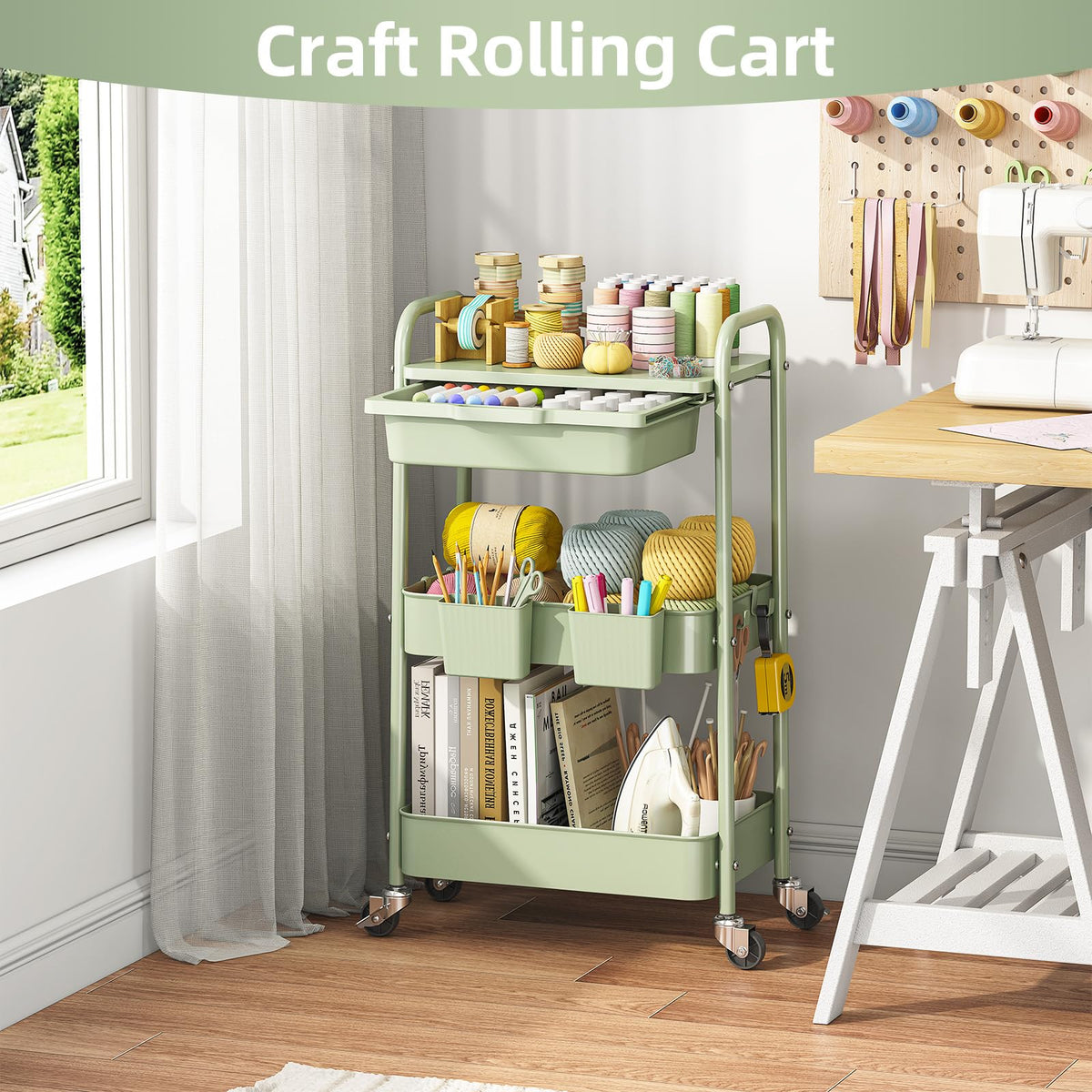 3 Tier Metal Rolling Cart with Drawer W200