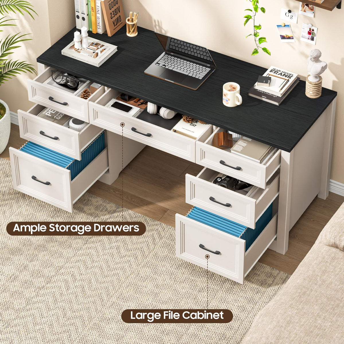 Black Wood Executive Desk with 2 File Drawers and 5 Storage Cabinets K48336