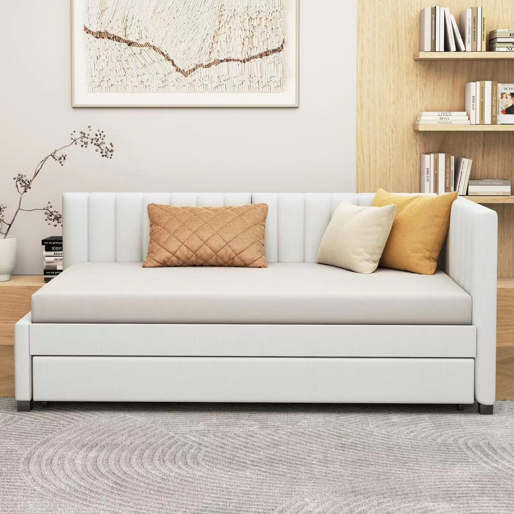 Upholstered Twin Daybed with Trundle, Linen Fabric, Beige G781