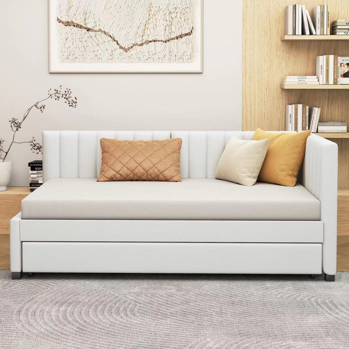 Upholstered Twin Daybed with Trundle, Linen Fabric, Beige G781