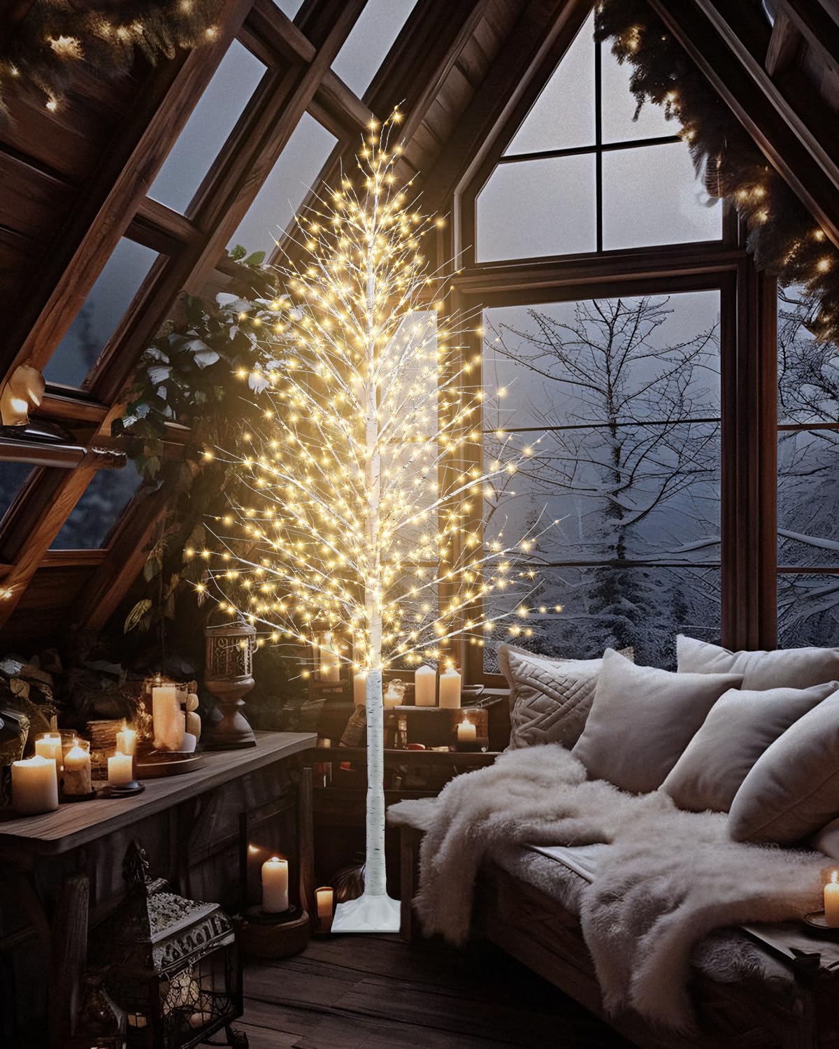 8FT Lighted White Artificial Christmas Twig Tree with 1440 Warm White LEDs R7154