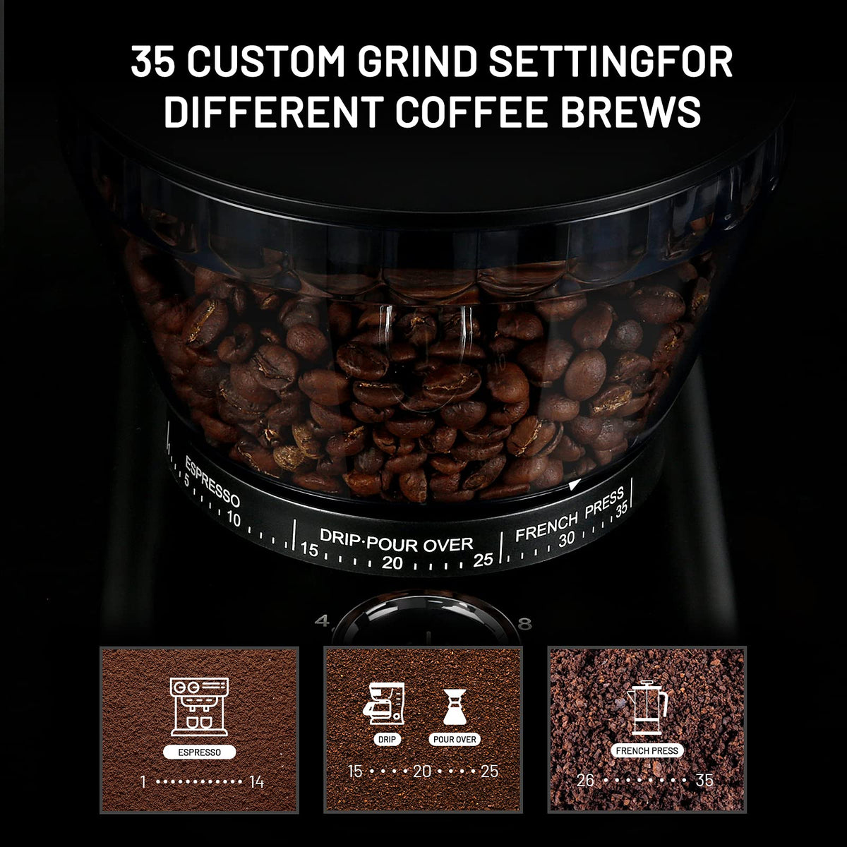 Electric Conical Burr Coffee Grinder with 35 Adjustable Grind Settings E953
