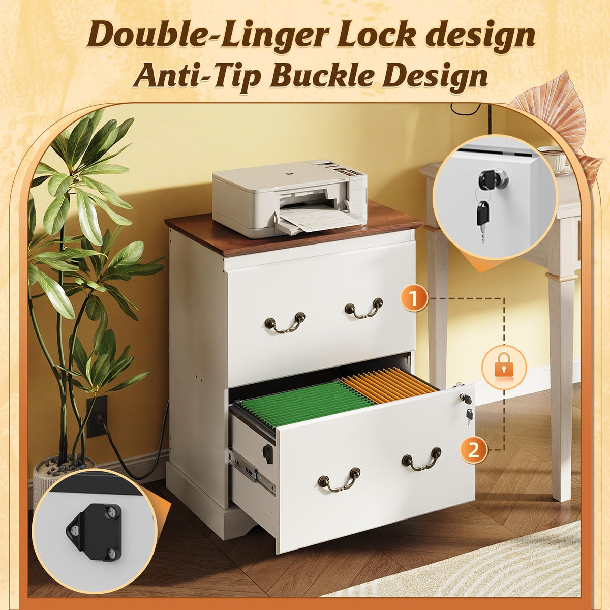 White 2 Drawer Wood File Cabinet with Charging Station and Lock O60299