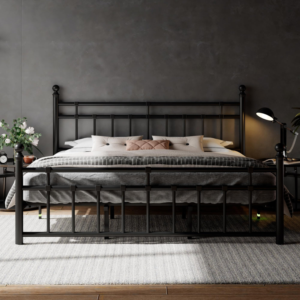 King Size Black Metal Platform Bed Frame with Headboard and Footboard C959230