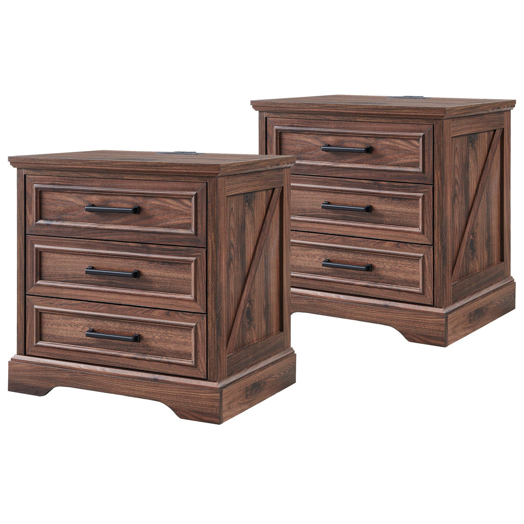 22" Brown Nightstands Set of 2 with 3 Drawers B411