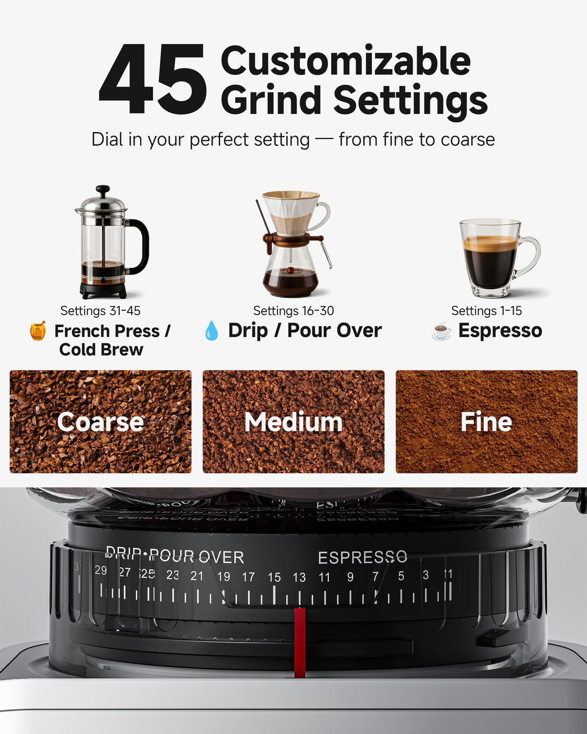Espresso Coffee Grinder, 45 Grind Settings G9406