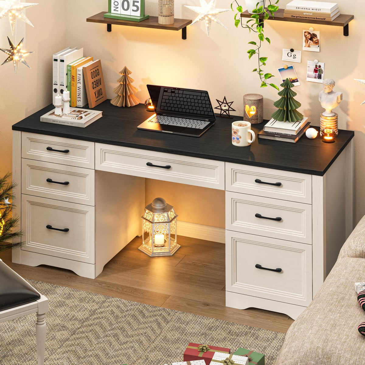 Black Wood Executive Desk with 2 File Drawers and 5 Storage Cabinets K48336