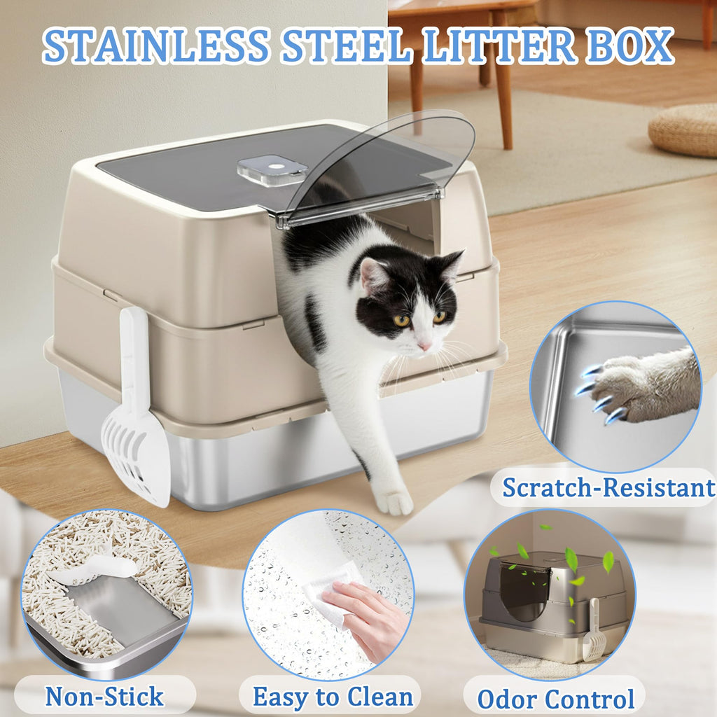 Stainless Steel Enclosed Cat Litter Box with Scoop & Mat M116443