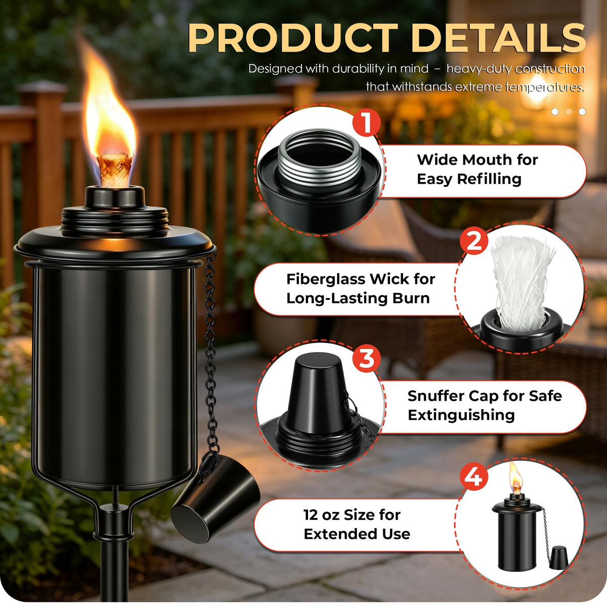 4 Pack 12oz Refillable Torch Canisters with Wicks F70107