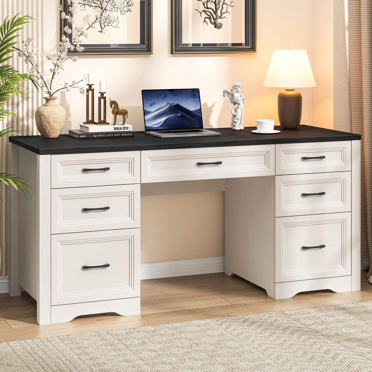 Black Wood Executive Desk with 2 File Drawers and 5 Storage Cabinets K48336