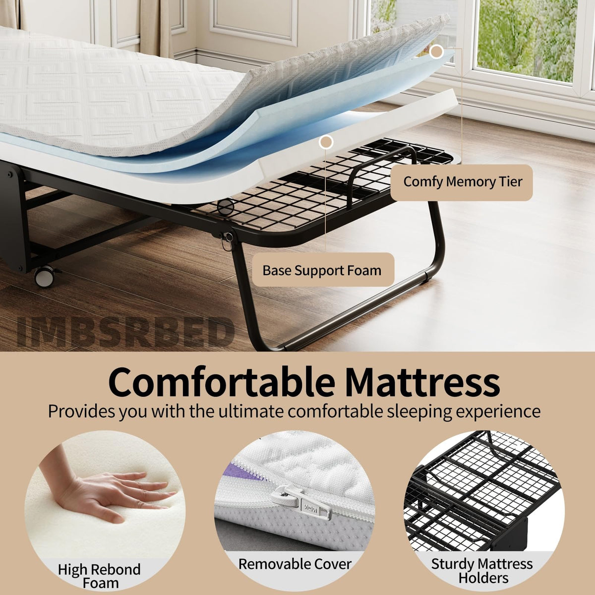 Folding Bed with 5-inch Memory Foam Mattress and Metal Frame P990486