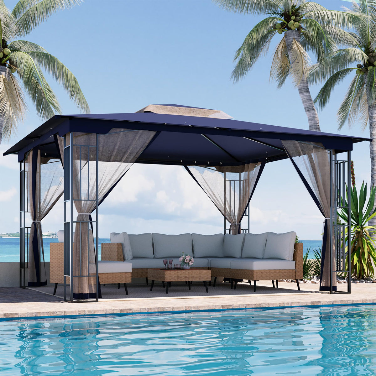 13' x 11' Navy Blue Outdoor Patio Gazebo with Mosquito Netting E967430