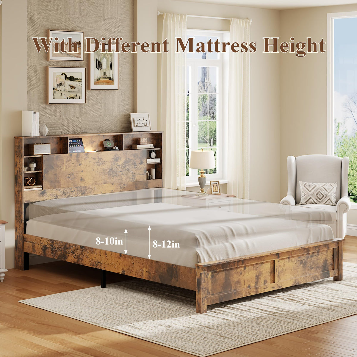 Full Size Storage Headboard Charging Station LED Platform Bed Frame G7578