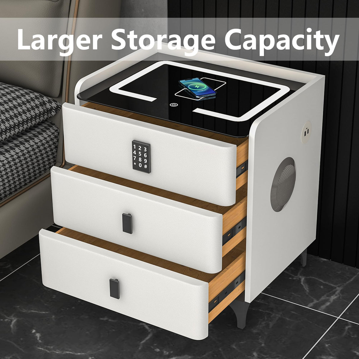 White Nightstand with Charging Station and LED Lights H586