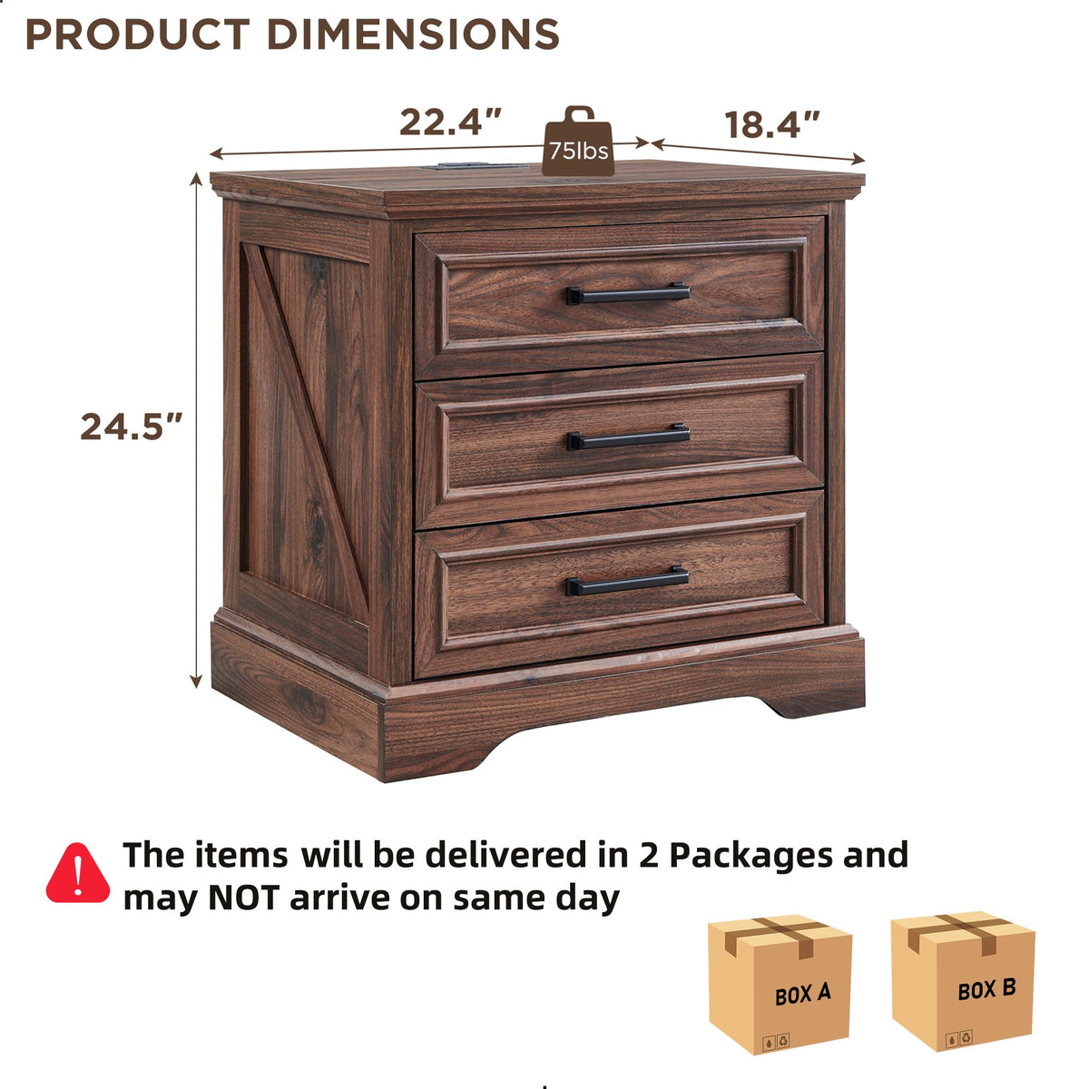 22" Brown Nightstands Set of 2 with 3 Drawers B411