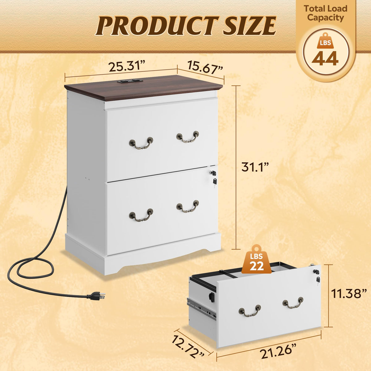 White 2 Drawer Wood File Cabinet with Charging Station and Lock O60299