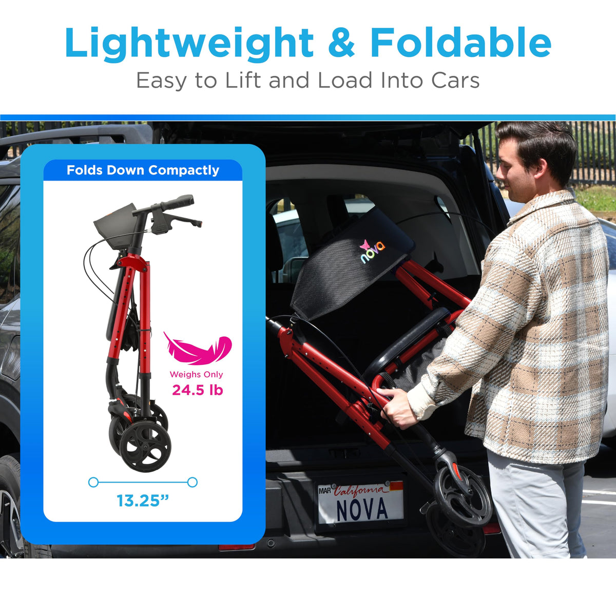 Foldable Rollator Walker with Seat, 400 lb Weight Capacity, 8” All-Terrain Wheels, Red C211127