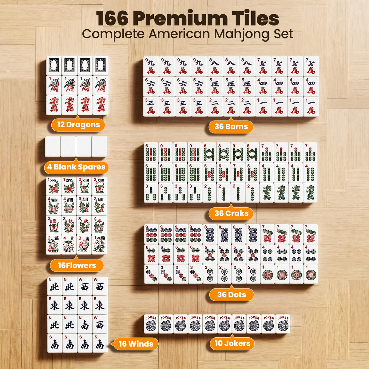 166 Tiles Mahjong Set with 4 Racks W731416