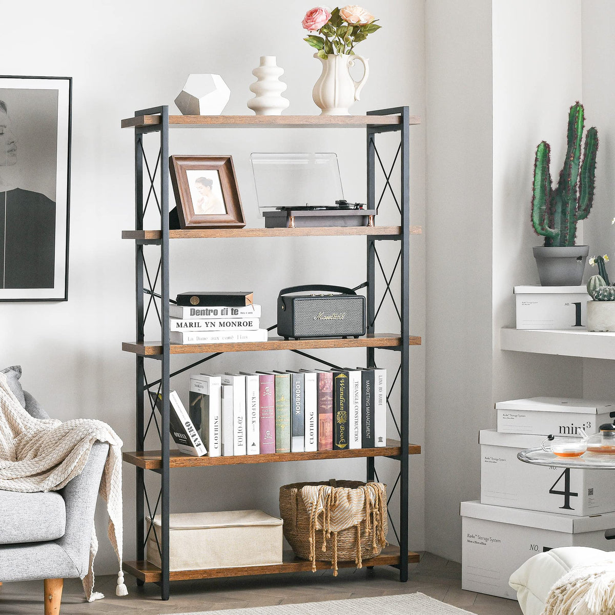 5-Tier Industrial Bookshelf with Metal Frame B571992