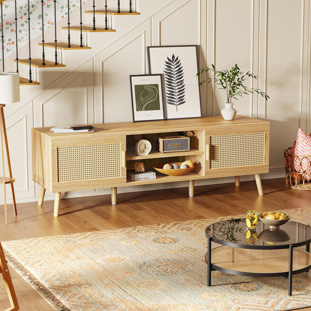 65 Inch Rattan TV Stand with Adjustable Shelf and 2 Cabinets U641319