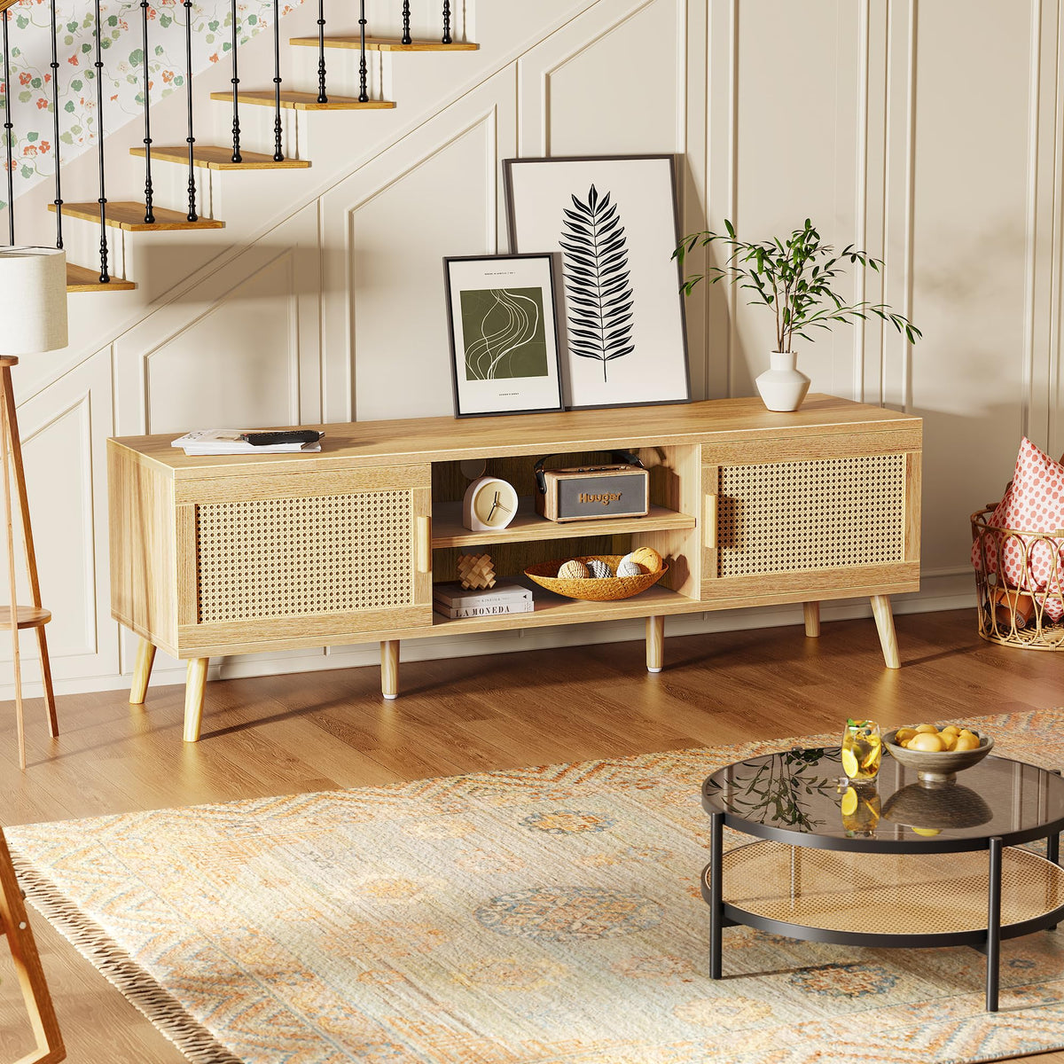 65 Inch Rattan TV Stand with Adjustable Shelf and 2 Cabinets U641319