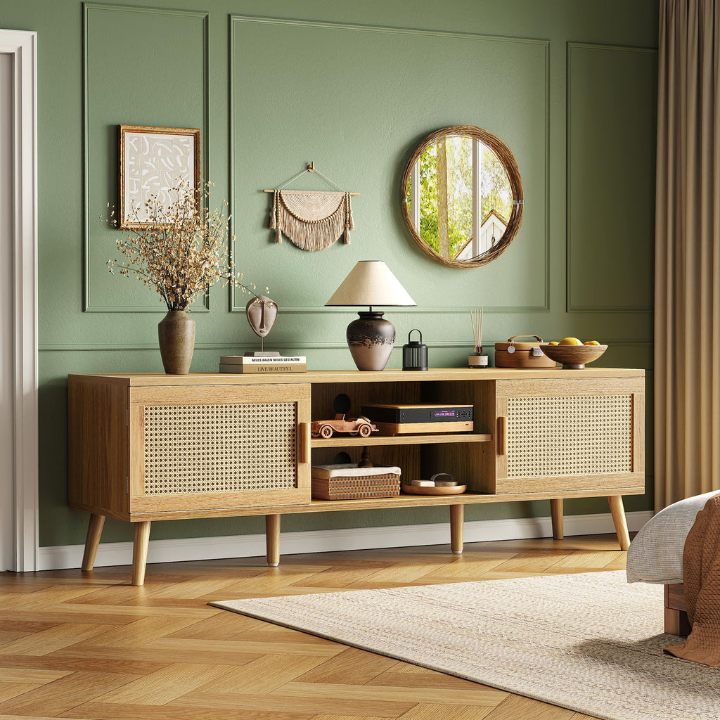 65 Inch Rattan TV Stand with Adjustable Shelf and 2 Cabinets U641319