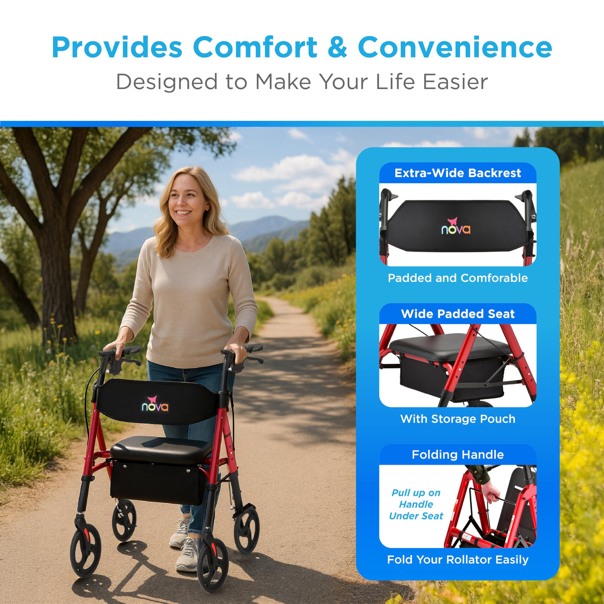 Foldable Rollator Walker with Seat, 400 lb Weight Capacity, 8” All-Terrain Wheels, Red C211127
